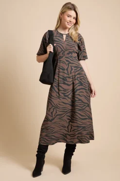 Robe Midi À Imprimé Zèbre Avec Empiècements En Dentelle, Encolure Goutte D'eau Et Manches Papillon
