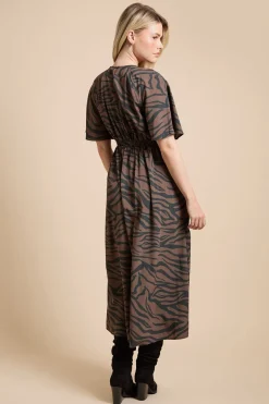 Robe Midi À Imprimé Zèbre Avec Empiècements En Dentelle, Encolure Goutte D'eau Et Manches Papillon