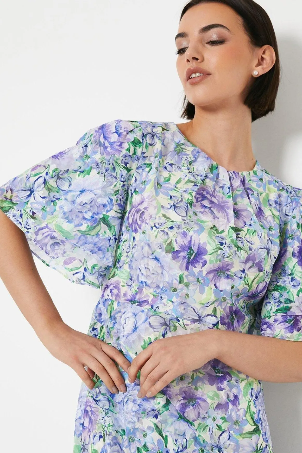 Robe Midi Jacquard Asymétrique à Volants Floraux d'Occasion