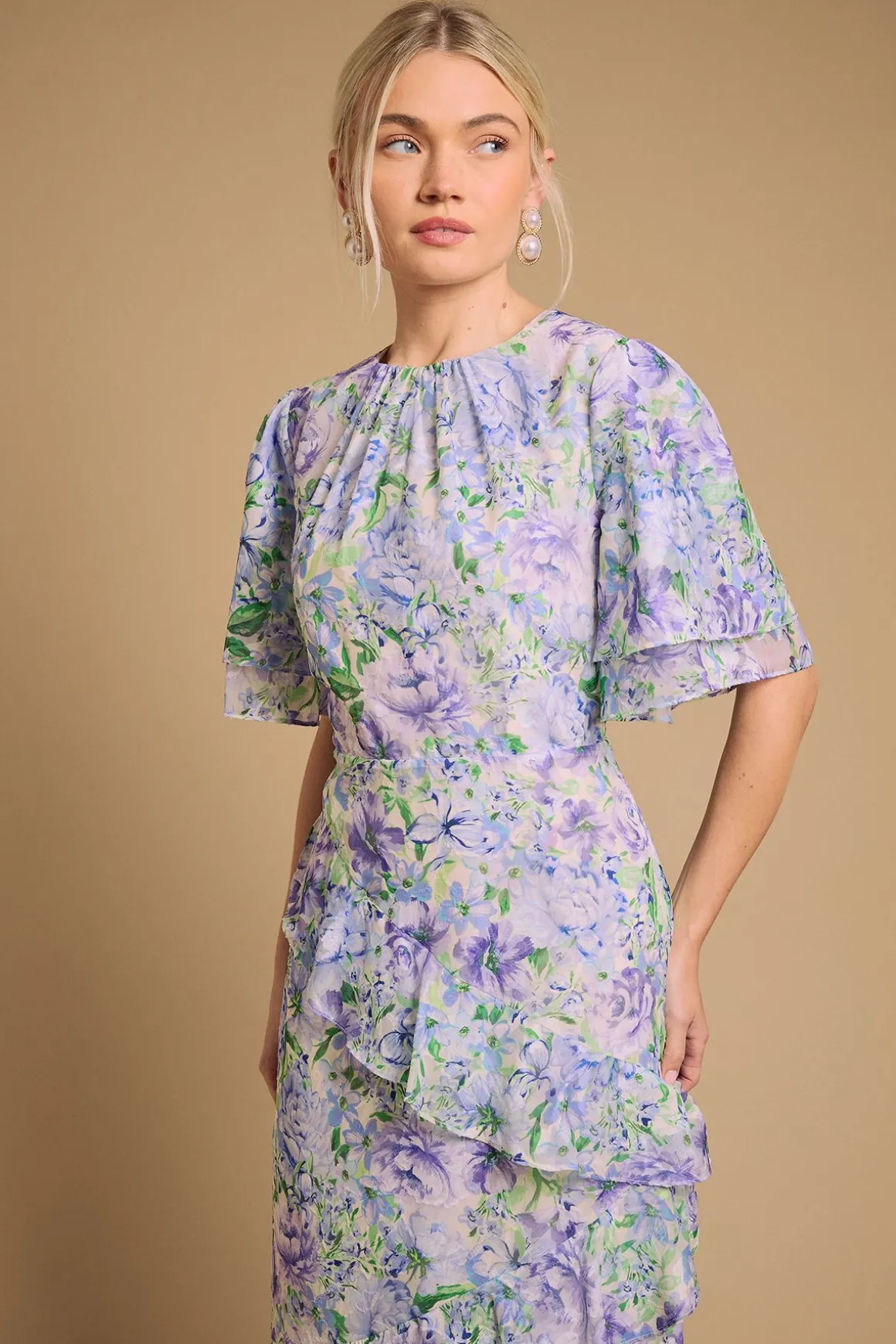 Robe Midi Jacquard Asymétrique à Volants Floraux d'Occasion