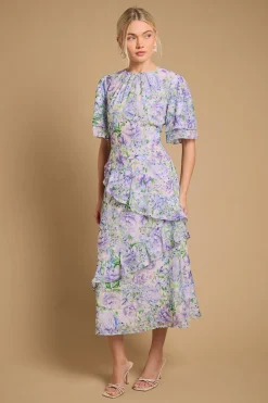 Robe Midi Jacquard Asymétrique à Volants Floraux d'Occasion