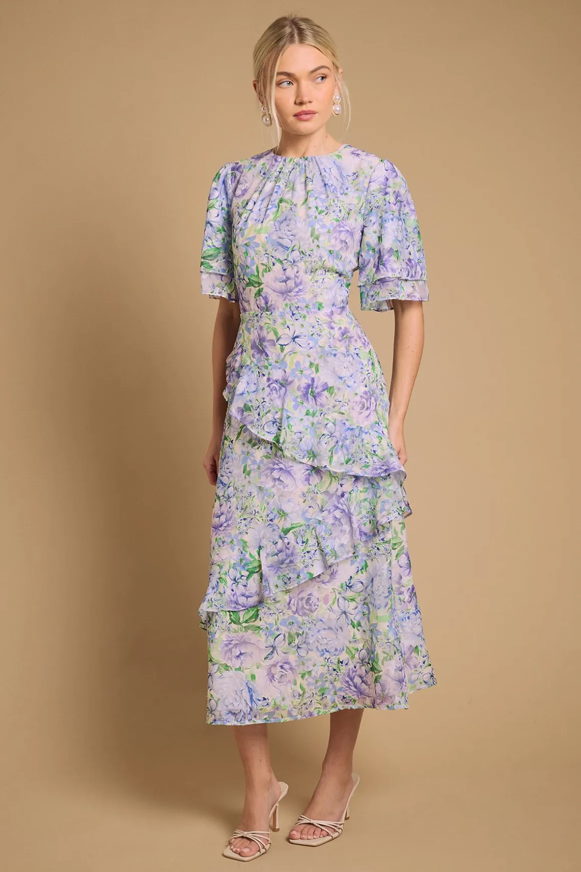 Robe Midi Jacquard Asymétrique à Volants Floraux d'Occasion