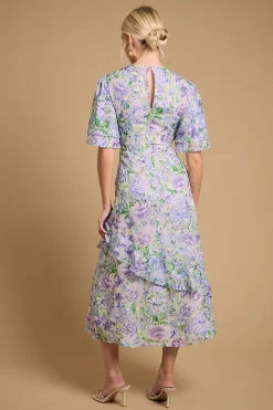 Robe Midi Jacquard Asymétrique à Volants Floraux d'Occasion