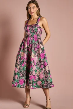 Robe Midi Jacquard à Bustier Corset et Jupe Ample