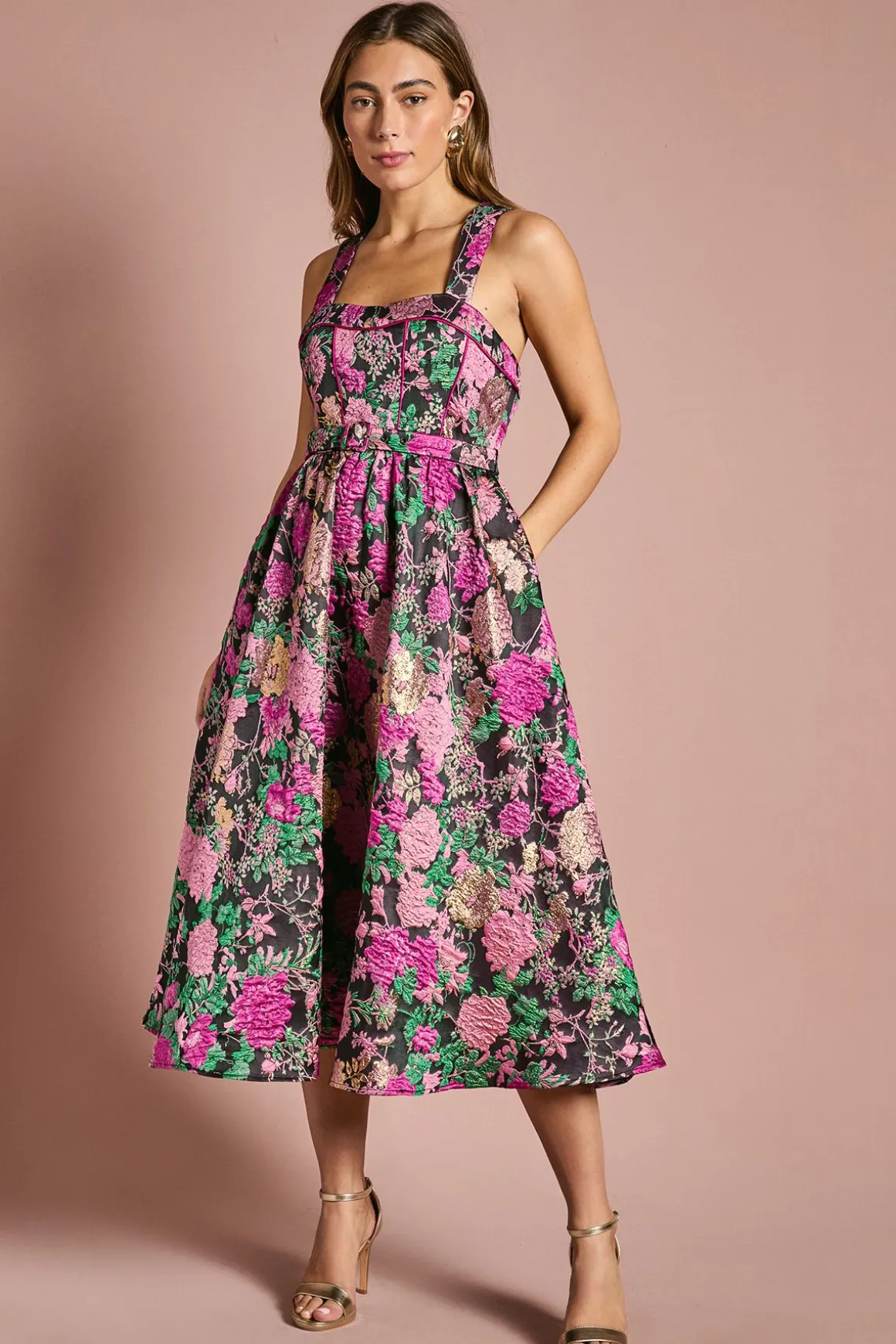 Robe Midi Jacquard à Bustier Corset et Jupe Ample