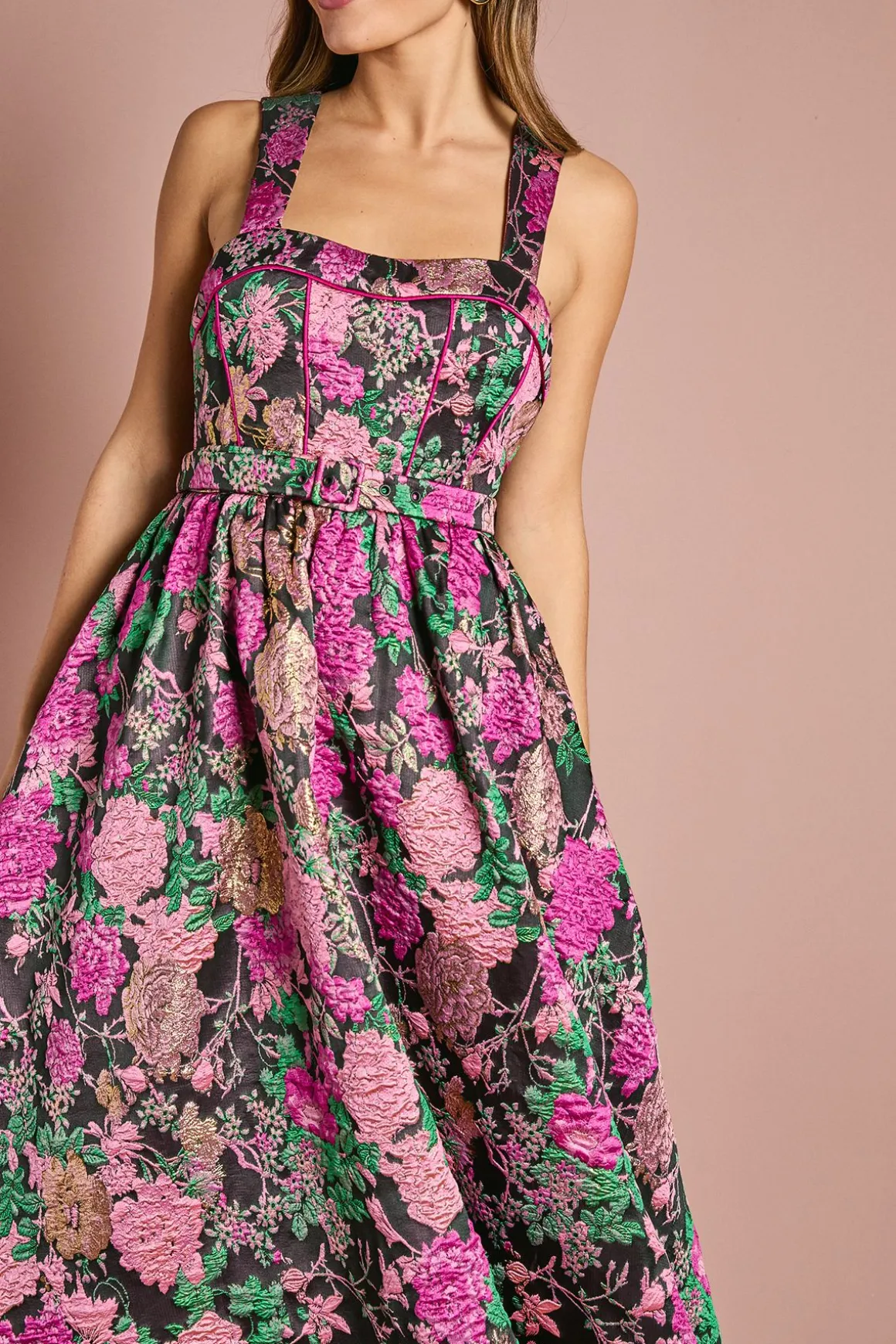 Robe Midi Jacquard à Bustier Corset et Jupe Ample