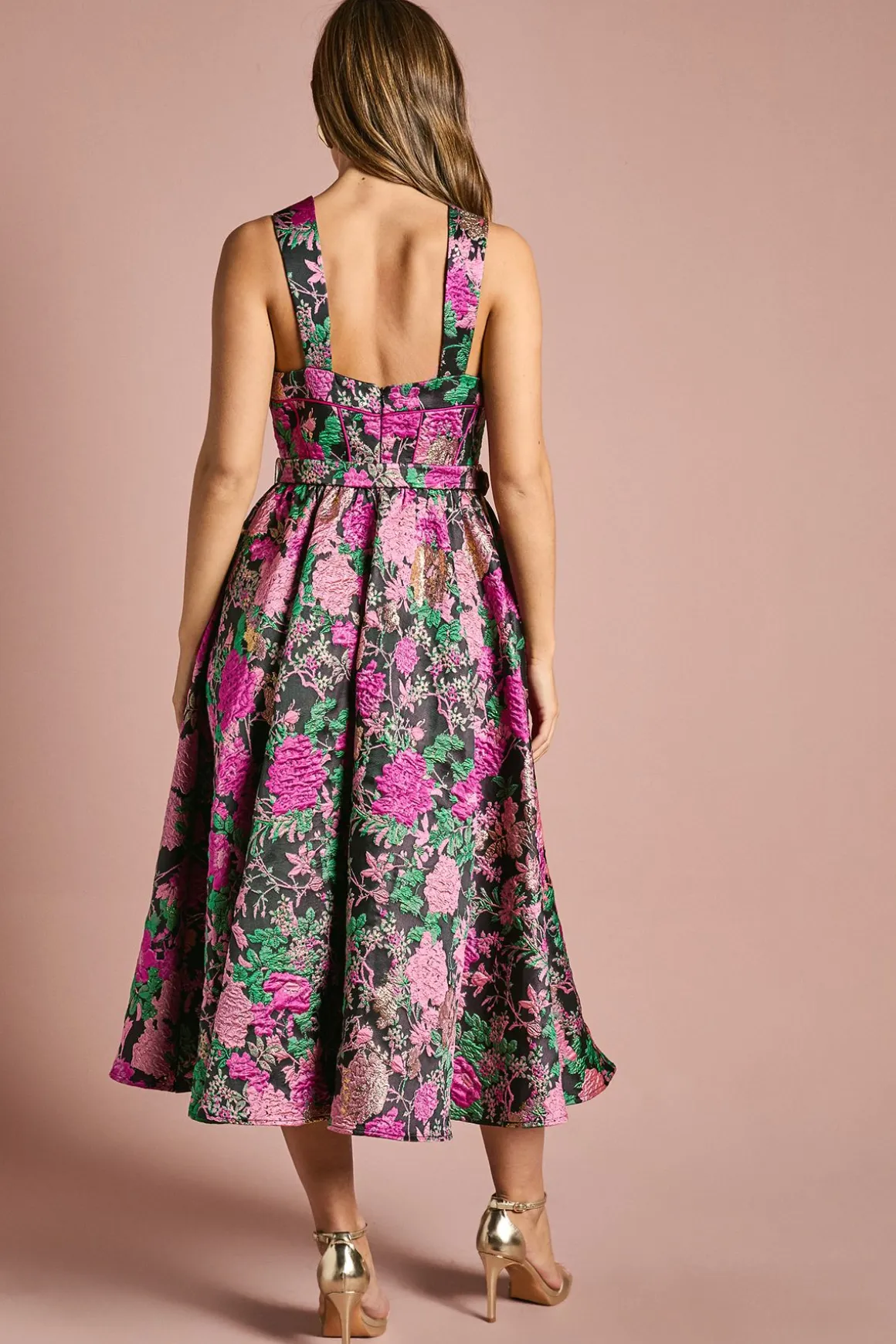 Robe Midi Jacquard à Bustier Corset et Jupe Ample