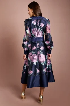 Robe Midi Jacquard À Col V Et Manches Longues