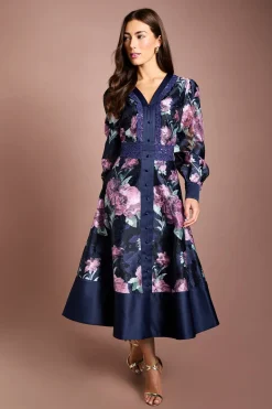 Robe Midi Jacquard À Col V Et Manches Longues