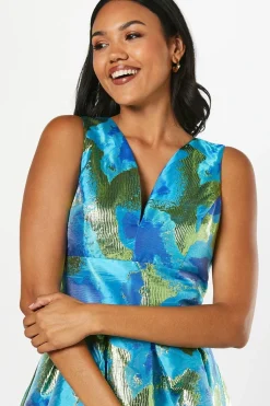 Robe Midi Jacquard à Décolleté Plongeant