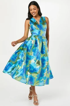 Robe Midi Jacquard à Décolleté Plongeant