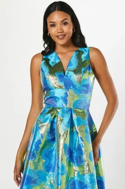 Robe Midi Jacquard à Décolleté Plongeant