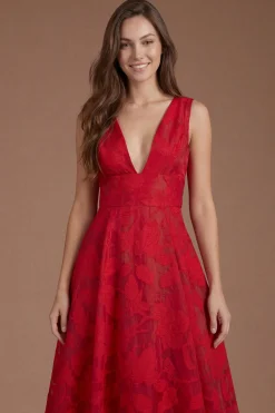 Robe Midi Jacquard À Décolleté Plongeant En V Et Jupe Ample