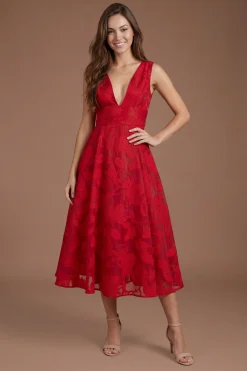 Robe Midi Jacquard À Décolleté Plongeant En V Et Jupe Ample