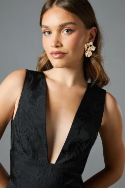 Robe Midi Jacquard à Décolleté Plongeant et Jupe Ample
