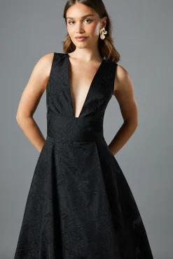 Robe Midi Jacquard à Décolleté Plongeant et Jupe Ample