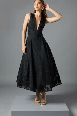 Robe Midi Jacquard à Décolleté Plongeant et Jupe Ample