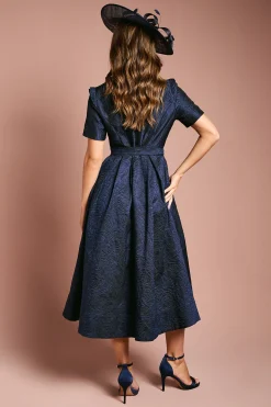Robe Midi Jacquard à Manches Courtes Avec Ceinture