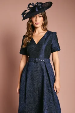 Robe Midi Jacquard à Manches Courtes Avec Ceinture