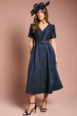 Robe Midi Jacquard à Manches Courtes Avec Ceinture
