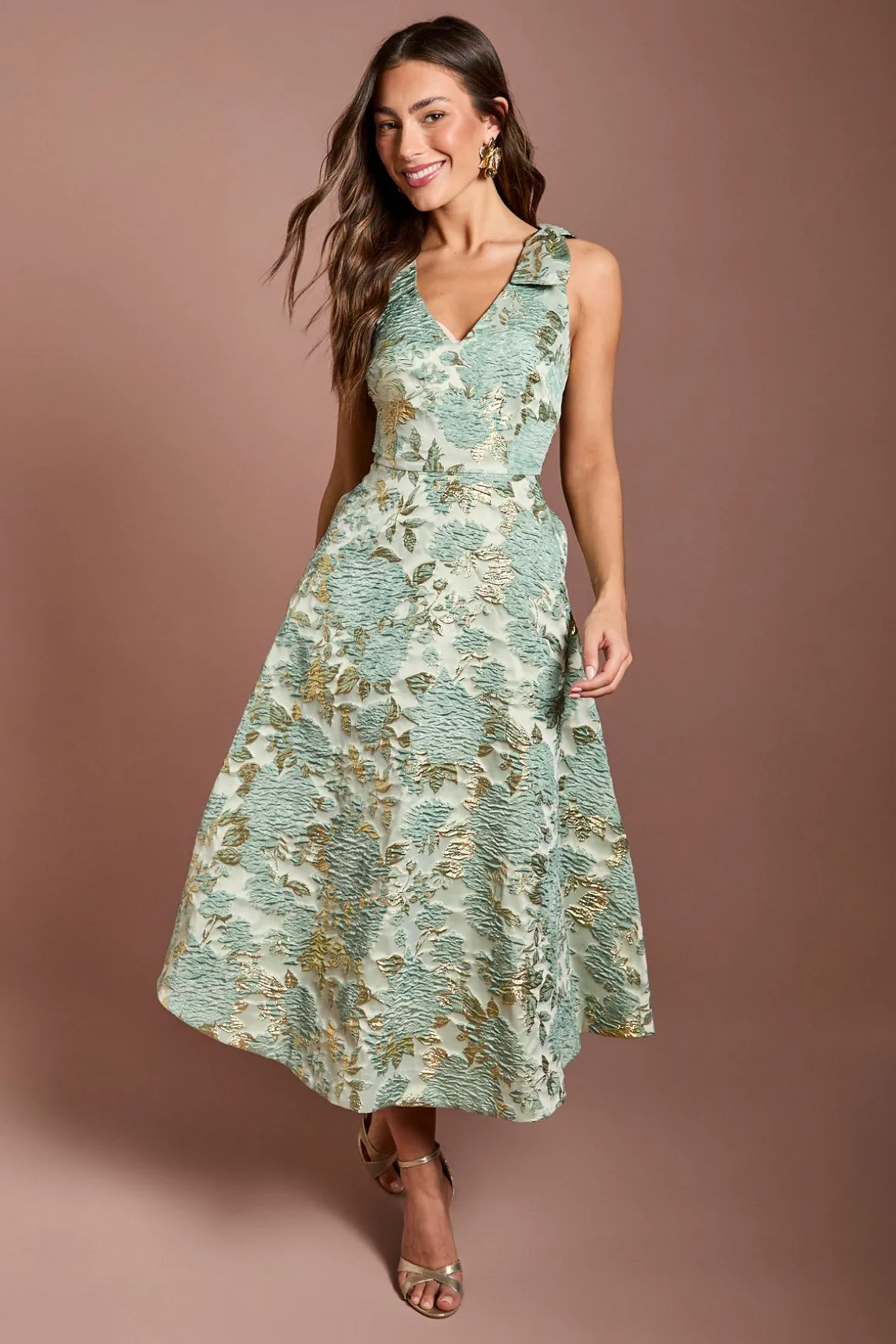 Robe Midi Jacquard À Nœuds Sur Les Épaules