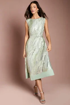 Robe Midi Jacquard Sans Manches Avec Ceinture