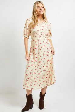 Dorothy Perkins Robe Midi Jaune à Motifs Ditsy avec Col, Détails Boutonnés et Manches Bouffantes<Femme Robes|Robes Mi-Longues