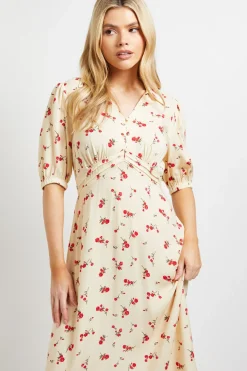 Dorothy Perkins Robe Midi Jaune à Motifs Ditsy avec Col, Détails Boutonnés et Manches Bouffantes<Femme Robes|Robes Mi-Longues