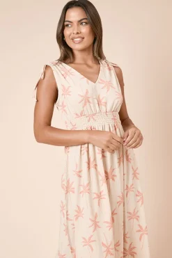 Dorothy Perkins Robe Midi Jersey Crème à Motif Palmiers avec Liens aux Épaules et Taille Froncée<Femme Robes|Robes Mi-Longues