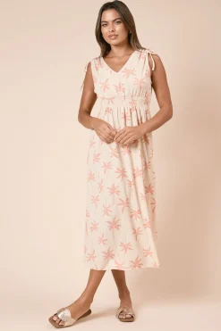 Dorothy Perkins Robe Midi Jersey Crème à Motif Palmiers avec Liens aux Épaules et Taille Froncée<Femme Robes|Robes Mi-Longues
