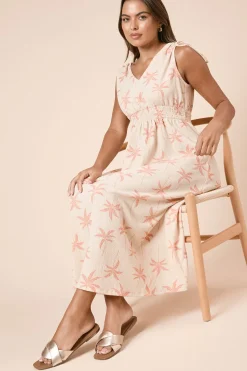 Dorothy Perkins Robe Midi Jersey Crème à Motif Palmiers avec Liens aux Épaules et Taille Froncée<Femme Robes|Robes Mi-Longues