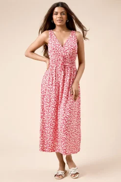 Robe Midi Jersey Petite Rouge à Imprimé Fleuri avec Taille Froncée