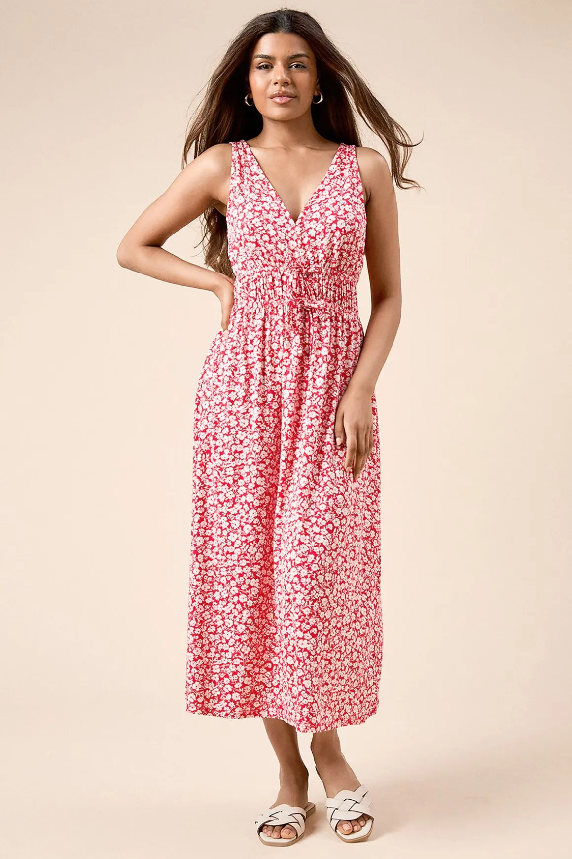 Robe Midi Jersey Petite Rouge à Imprimé Fleuri avec Taille Froncée