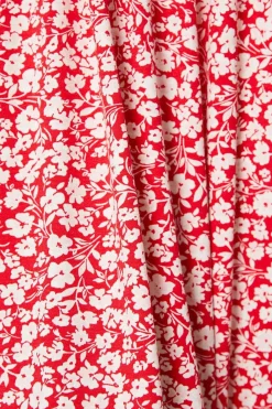 Robe Midi Jersey Petite Rouge à Imprimé Fleuri avec Taille Froncée