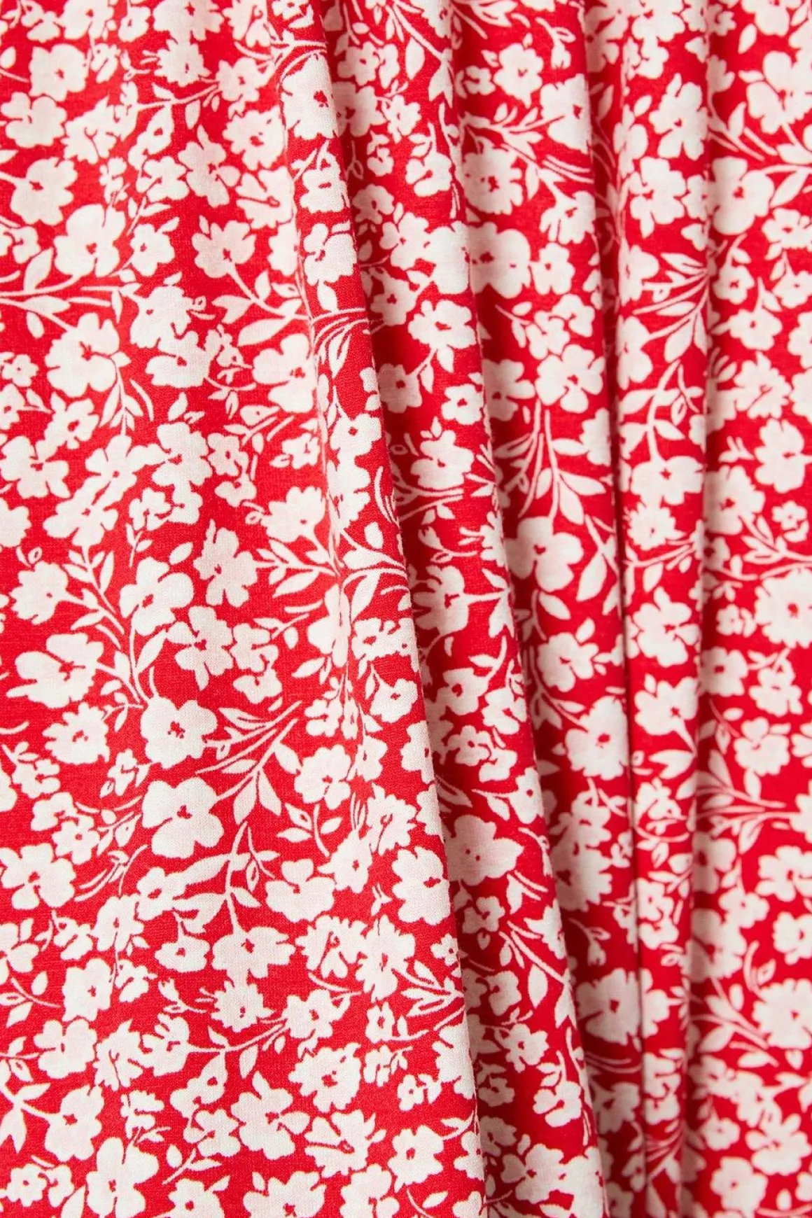 Robe Midi Jersey Petite Rouge à Imprimé Fleuri avec Taille Froncée