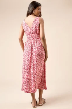 Robe Midi Jersey Petite Rouge à Imprimé Fleuri avec Taille Froncée