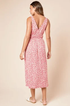 Robe Midi Jersey Rouge à Imprimé Fleuri et Taille Froncée
