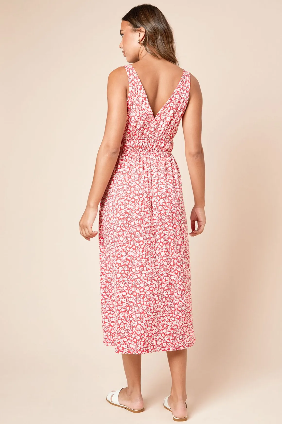 Robe Midi Jersey Rouge à Imprimé Fleuri et Taille Froncée