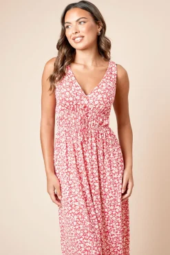Robe Midi Jersey Rouge à Imprimé Fleuri et Taille Froncée