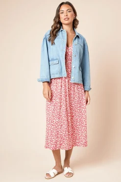 Robe Midi Jersey Rouge à Imprimé Fleuri et Taille Froncée