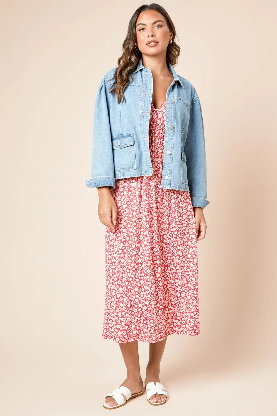 Robe Midi Jersey Rouge à Imprimé Fleuri et Taille Froncée