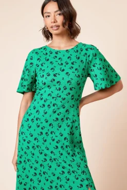 Robe Midi Jersey Verte à Imprimé Floral et Manches Évasées