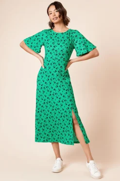 Robe Midi Jersey Verte à Imprimé Floral et Manches Évasées