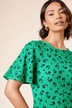 Robe Midi Jersey Verte à Imprimé Floral et Manches Évasées