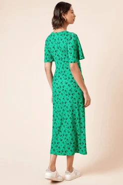 Robe Midi Jersey Verte à Imprimé Floral et Manches Évasées