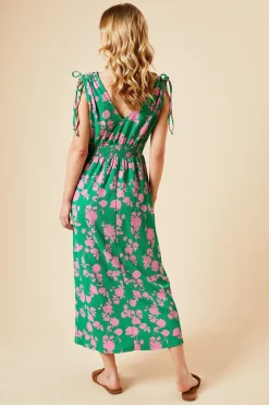 Dorothy Perkins Robe Midi Jersey Verte à Motifs Floraux avec Bretelles Nouées et Taille Froncée<Femme Robes|Robes Mi-Longues