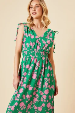 Dorothy Perkins Robe Midi Jersey Verte à Motifs Floraux avec Bretelles Nouées et Taille Froncée<Femme Robes|Robes Mi-Longues