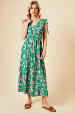 Dorothy Perkins Robe Midi Jersey Verte à Motifs Floraux avec Bretelles Nouées et Taille Froncée<Femme Robes|Robes Mi-Longues