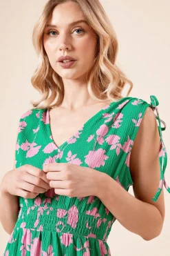 Dorothy Perkins Robe Midi Jersey Verte à Motifs Floraux avec Bretelles Nouées et Taille Froncée<Femme Robes|Robes Mi-Longues