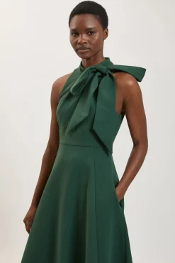 KarenMillen Robe midi à jupe complète en stretch compact avec nœud au col<Femme Robes|Robes Mi-Longues